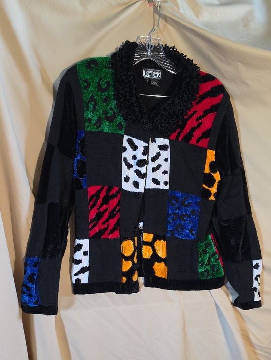 berek Jackets & Blazers - Vintage Berek Black Multi Patchwork Animal-Print Teddy Collar Sweater Jacket
